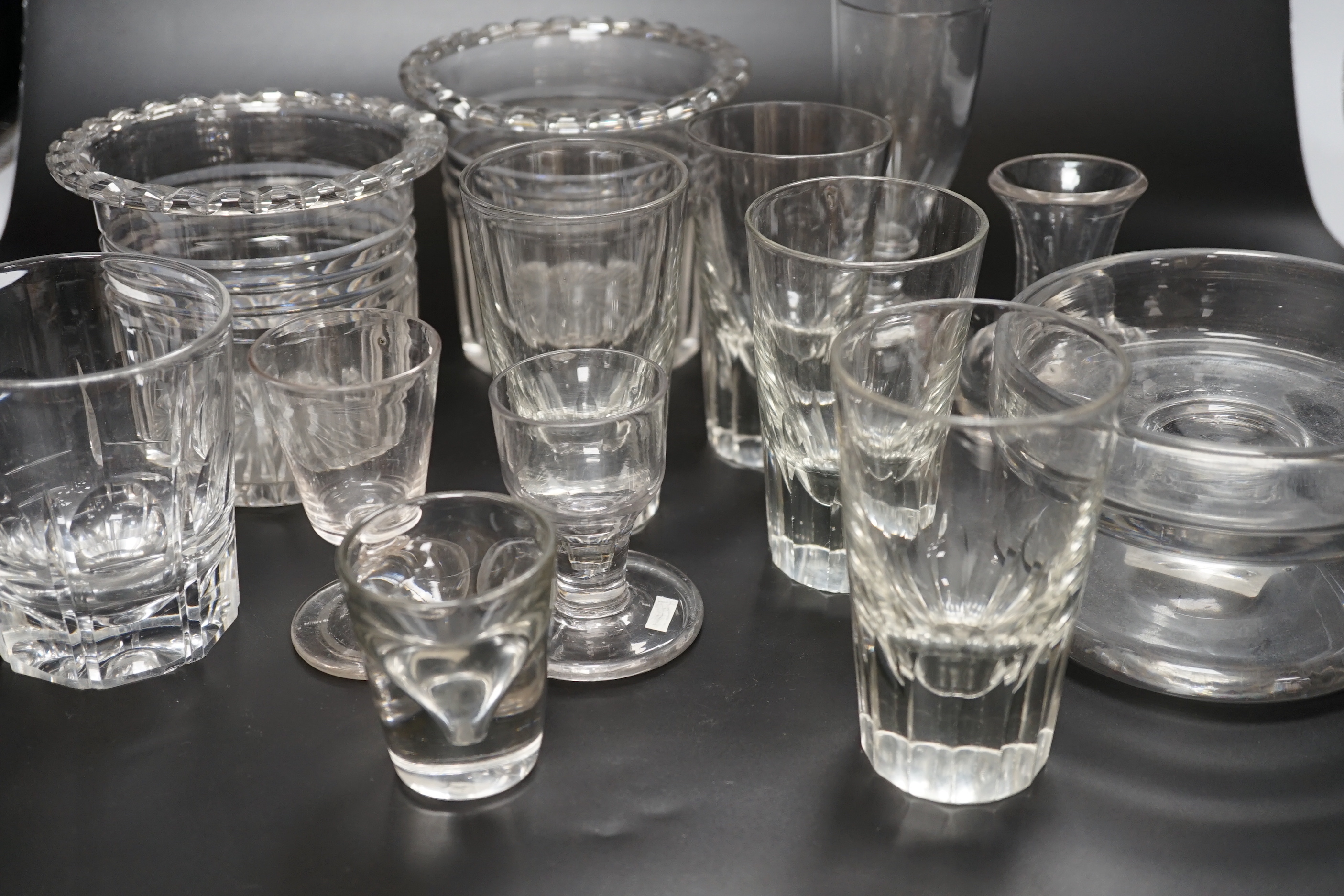 Thirteen 19th century glass items, including a set of four beakers, a pair of vases, stemmed glasses, etc. tallest 14cm